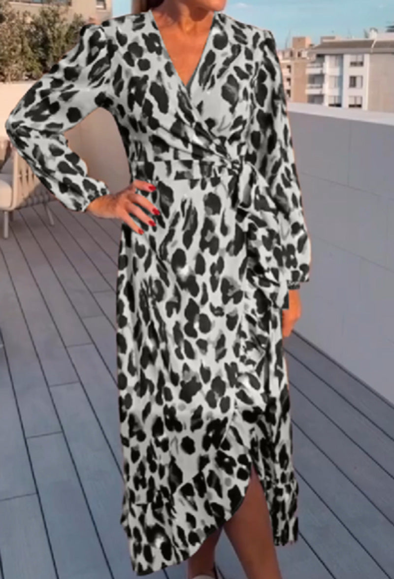 Damen nan Wickel-Midikleid mit Tiermuster, V-Ausschnitt, Taillenband und asymmetrischem Volant EB