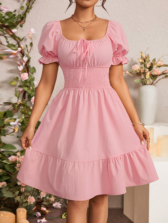 Damen Puffärmel Kleid mit elastischem Tailleneinsatz und Rüschensaum EB