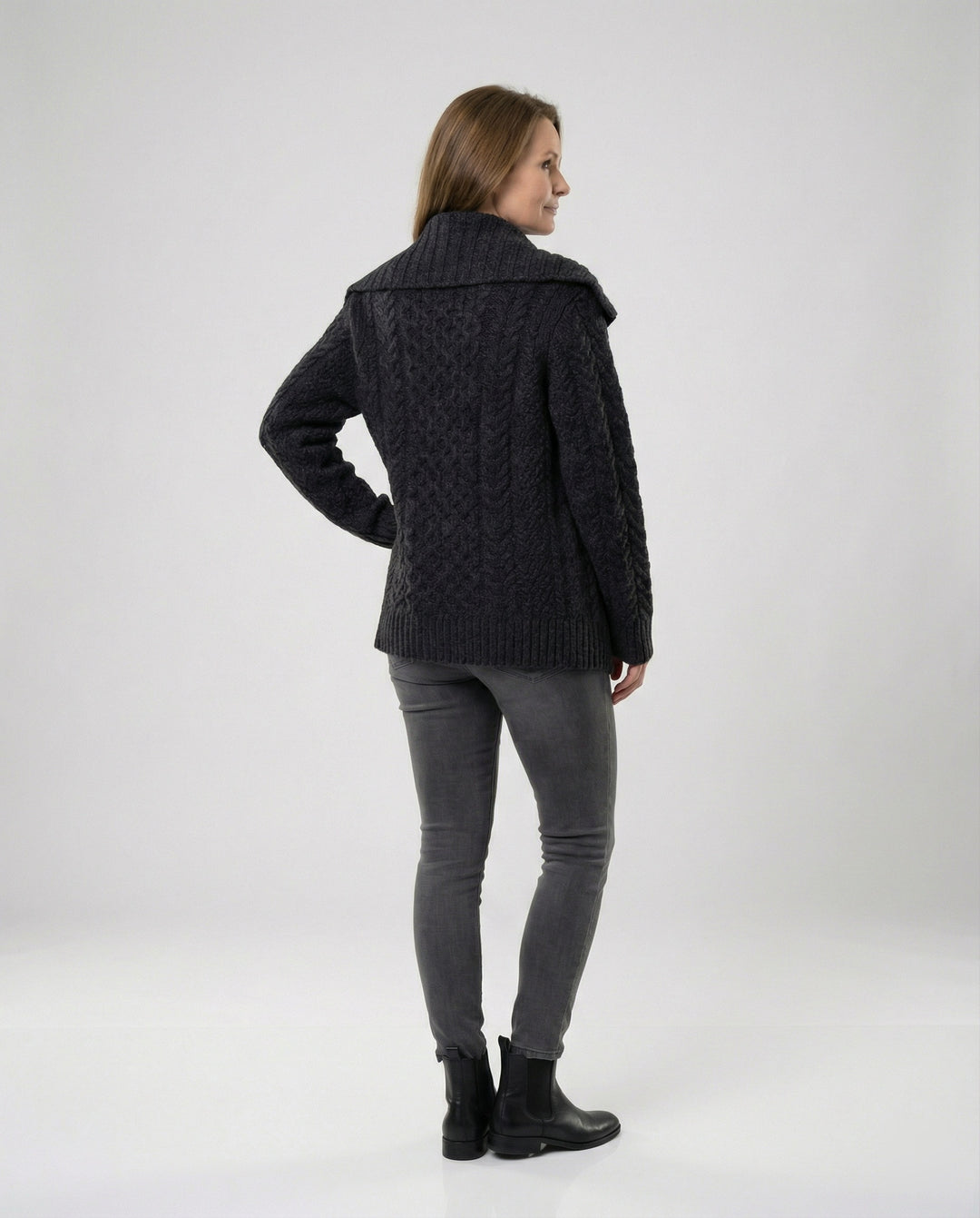 Damen strukturierter Strickmantel mit überlappendem Segelkragen und weichem Wollmix EB