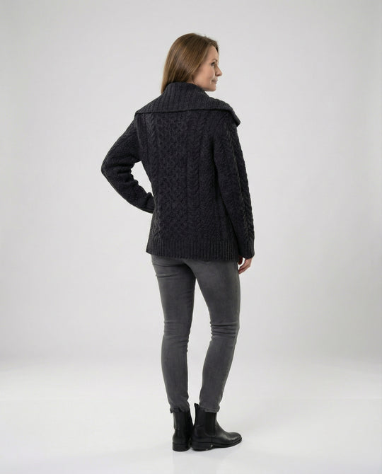 Damen strukturierter Strickmantel mit überlappendem Segelkragen und weichem Wollmix EB