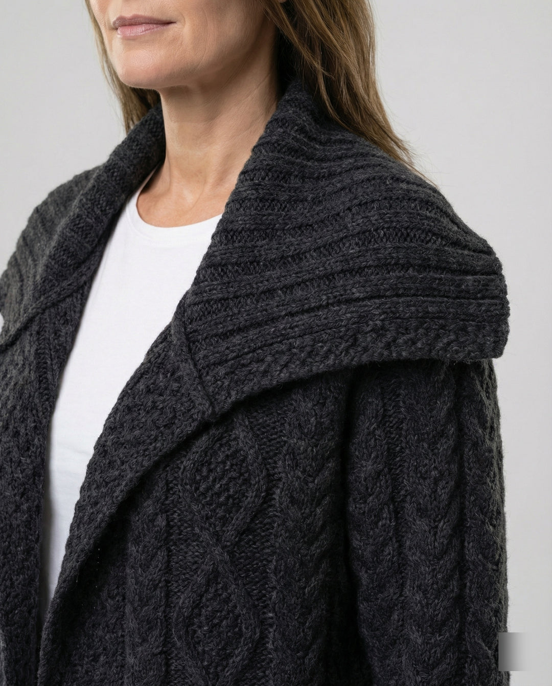Damen strukturierter Strickmantel mit überlappendem Segelkragen und weichem Wollmix EB