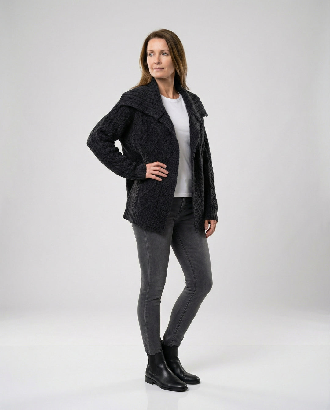 Damen strukturierter Strickmantel mit überlappendem Segelkragen und weichem Wollmix EB