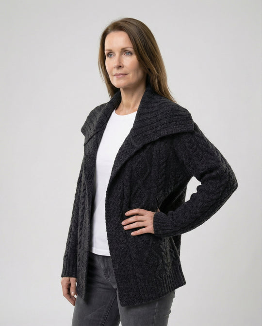 Damen strukturierter Strickmantel mit überlappendem Segelkragen und weichem Wollmix EB