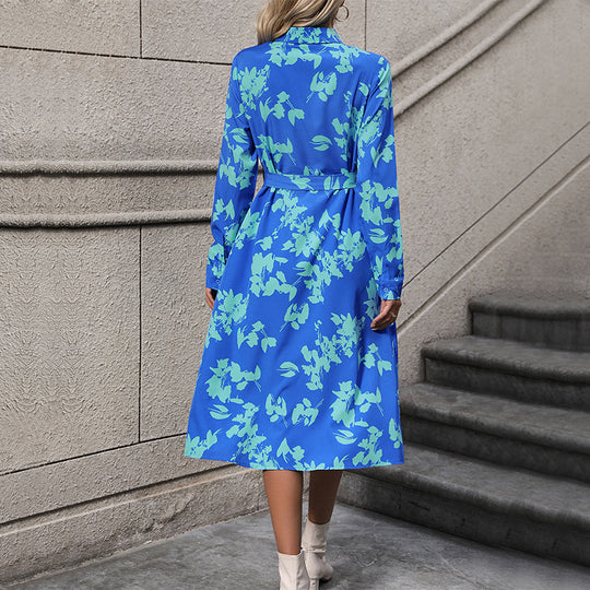 Damen langärmliges Maxikleid mit floralen Mustern und elegantem Gürtel EB