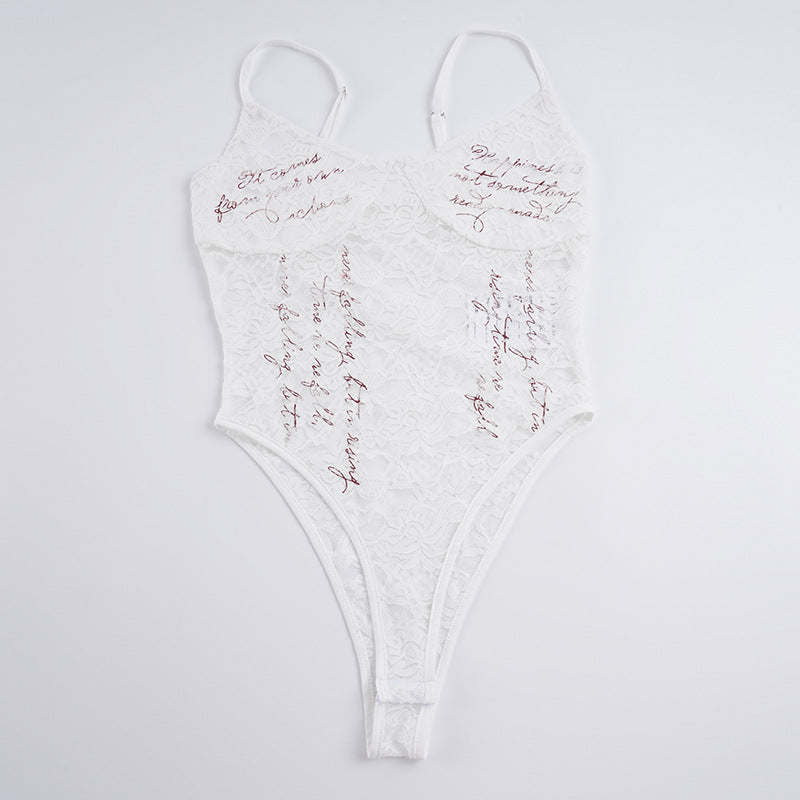 Damen Spitzen Bodysuit mit eleganten Schriftzügen EB