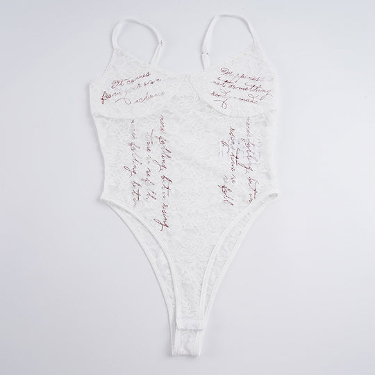 Damen Spitzen Bodysuit mit eleganten Schriftzügen EB