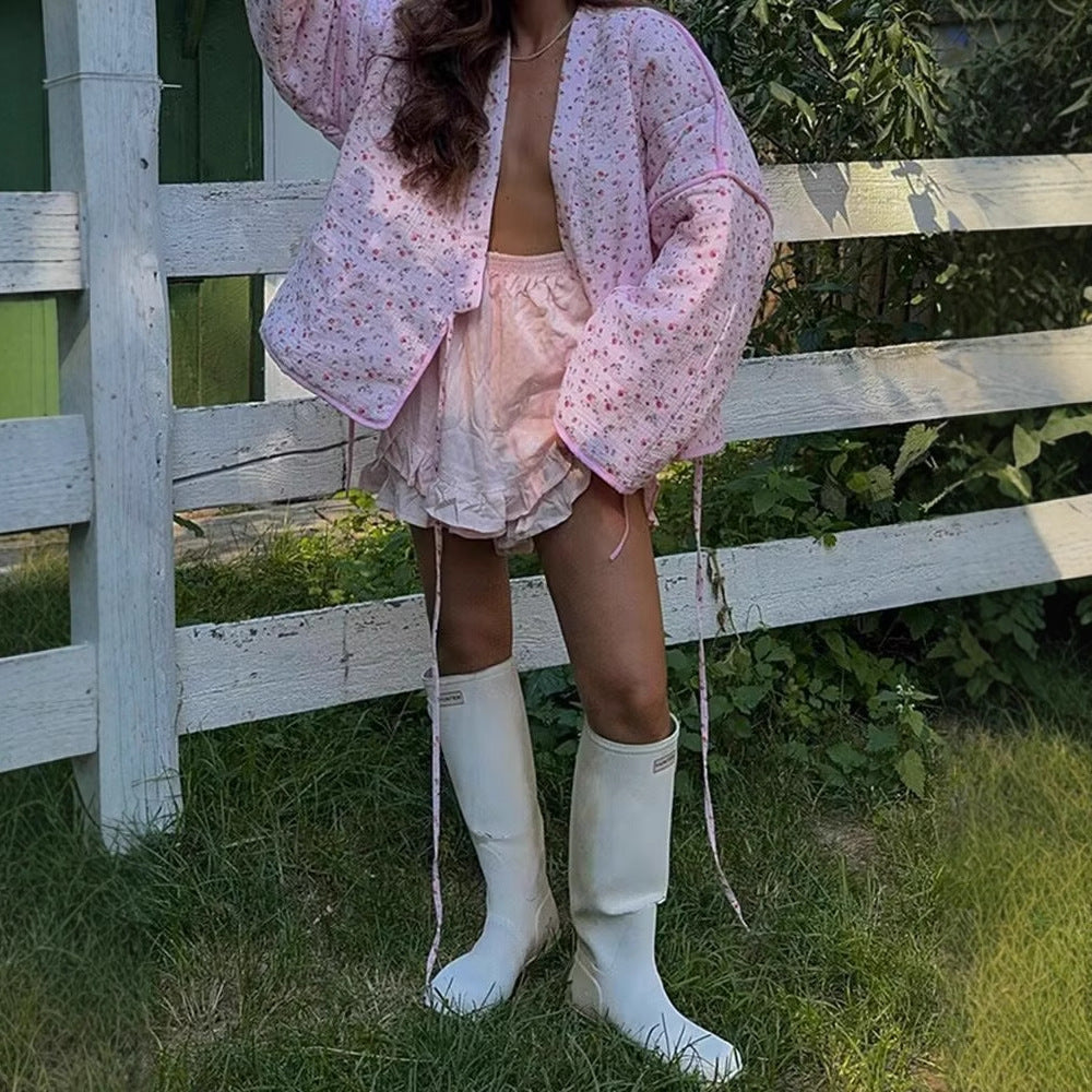 Damen Bluse im Kimono-Stil mit floralen Mustern und Bindegürtel EB