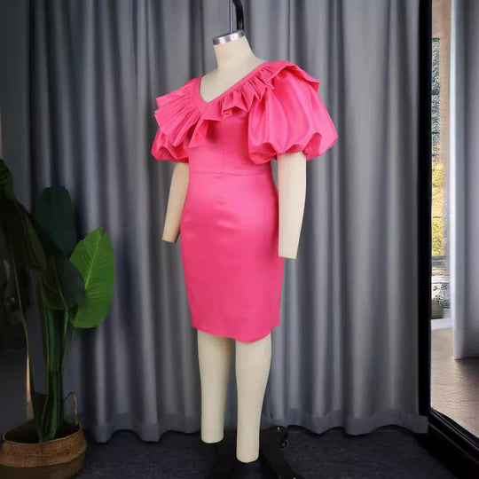Damen figurbetontes Kleid mit voluminösen Rüschenärmeln EB 1778622988