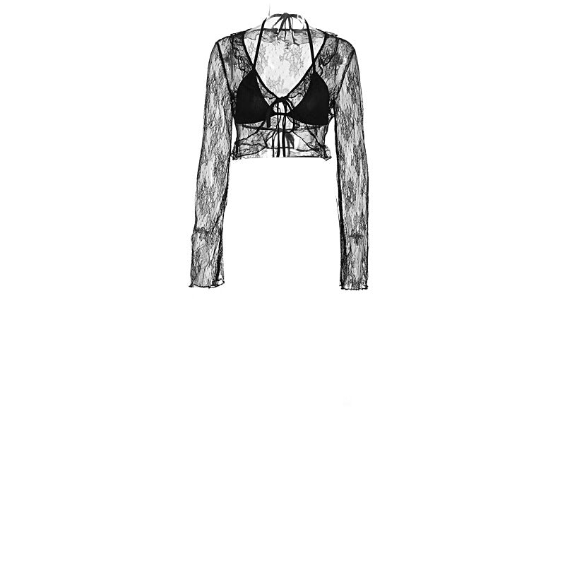 Damen Transparente Bluse mit Rüschenärmel und frechem Bindeband EB