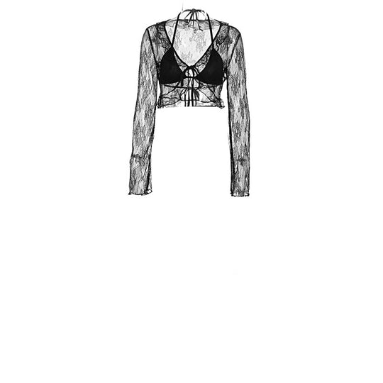 Damen Transparente Bluse mit Rüschenärmel und frechem Bindeband EB