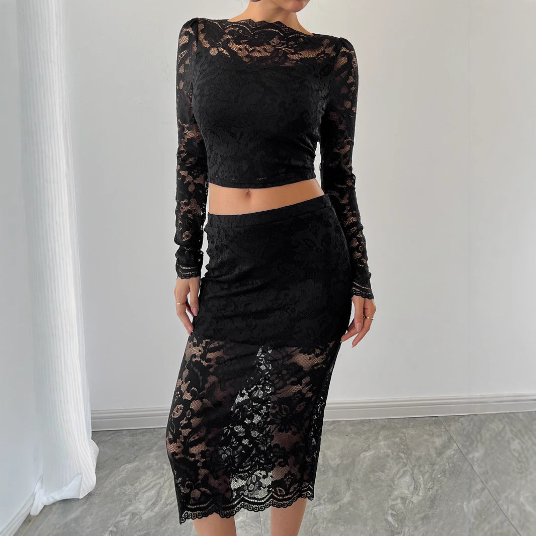 Damen Spitzenensemble mit langärmligem Crop-Top und figurbetontem Rock EB