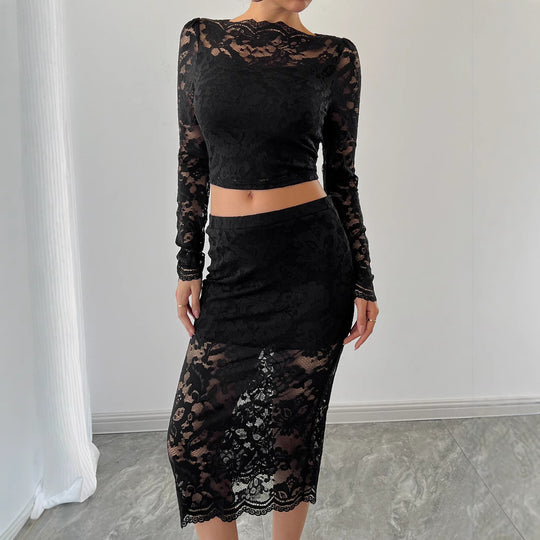 Damen Spitzenensemble mit langärmligem Crop-Top und figurbetontem Rock EB