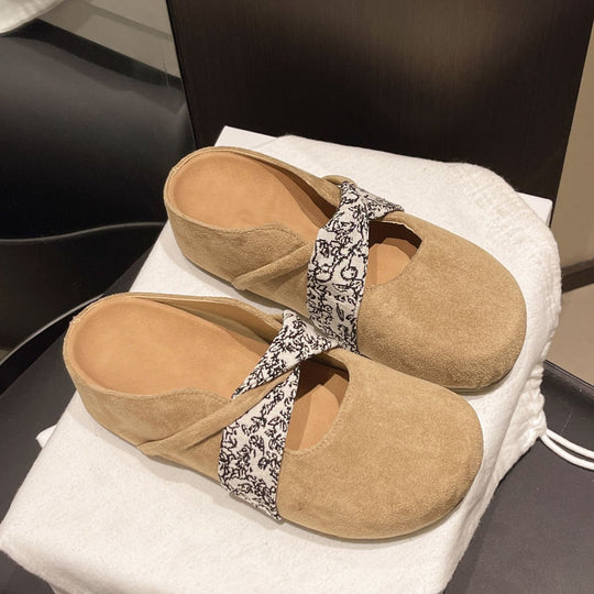 Damen Velours-Mules mit gepolstertem Fußbett und Zierkreuzriemen EB