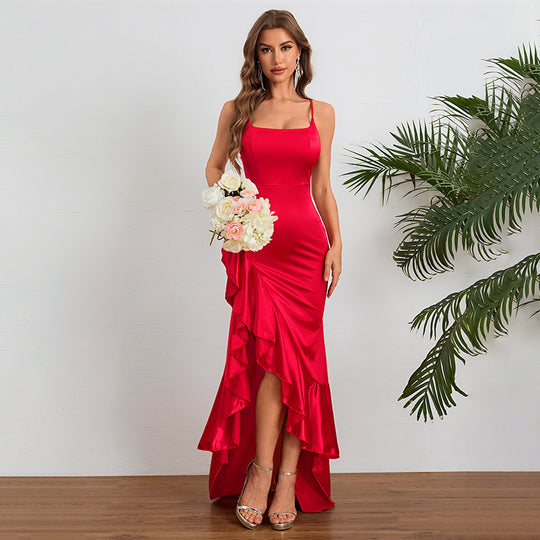 Damen elegantes Maxikleid mit asymmetrischem Rüschensaum und taillierter Silhouette EB