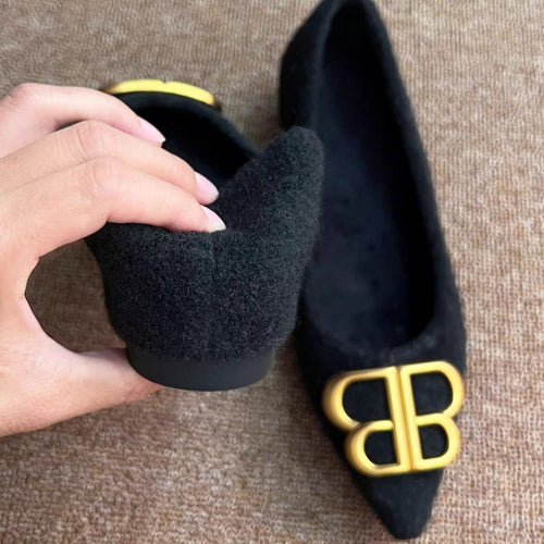 Damen modische Ballerinas aus filzartigem Material mit elegantem Schmuckdetail EB