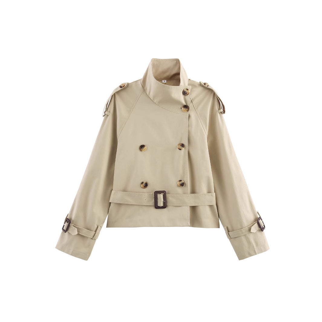 Damen modischer Trenchcoat mit hoch geschlossenem Kragen und praktischen Schulterriegeln EB