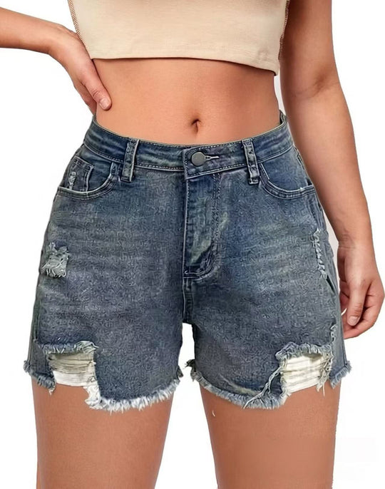 Damen lässige Destroyed Jeansshorts mit hohem Bund und fransigen Abschlüssen EB