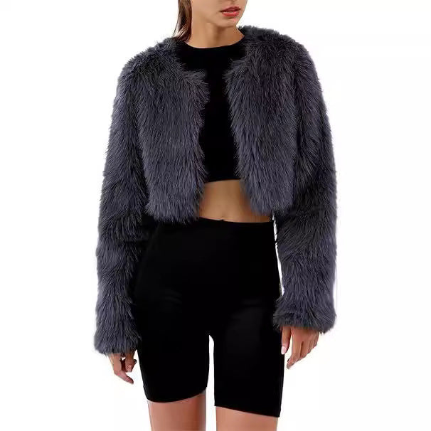 Damen Kurze glamouröse Kunstfelljacke mit lockeren Ärmeln EB