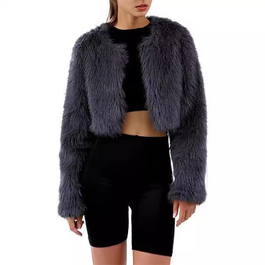 Damen Kurze glamouröse Kunstfelljacke mit lockeren Ärmeln EB