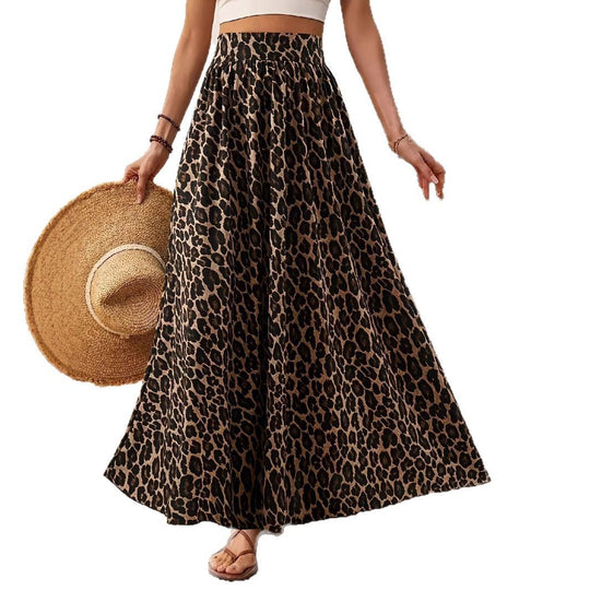 Damen Maxi-Rock mit elastischem Bund und Leopardenmuster EB