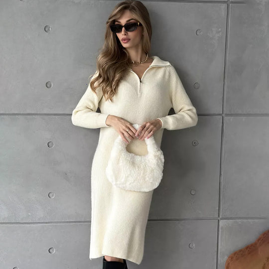Damen Strickkleid mit Stehkragen und durchgehendem Reißverschluss EB