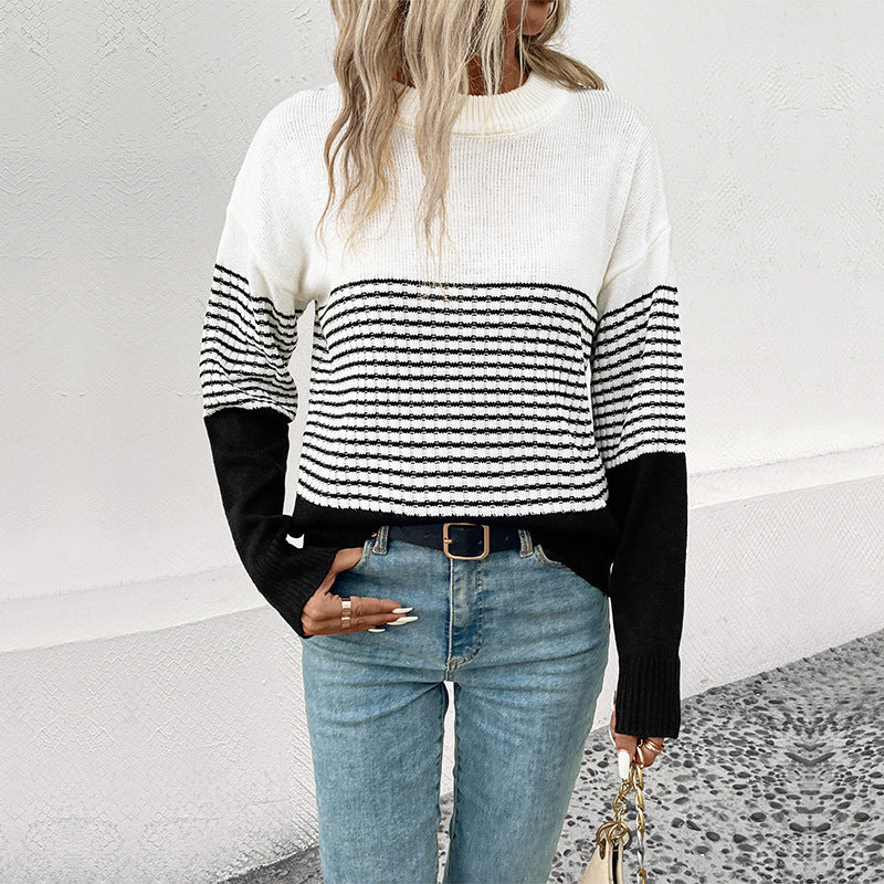 Damen trendiger Strickpullover mit auffälligem Streifenmuster EB