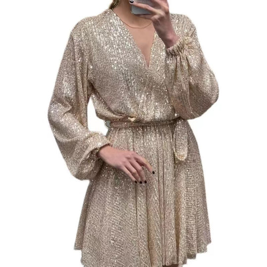 Damen Glitzerndes Mini-Kleid mit V-Ausschnitt und eleganten Puffärmeln EB
