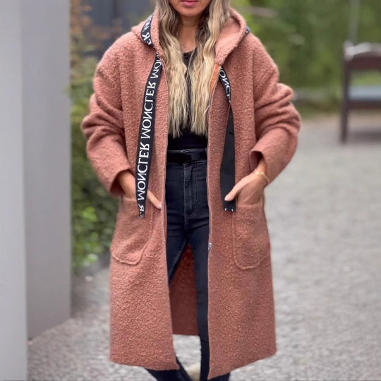 Damen Modischer Oversized-Fleece-Mantel mit praktischen Taschen und Kapuze EB