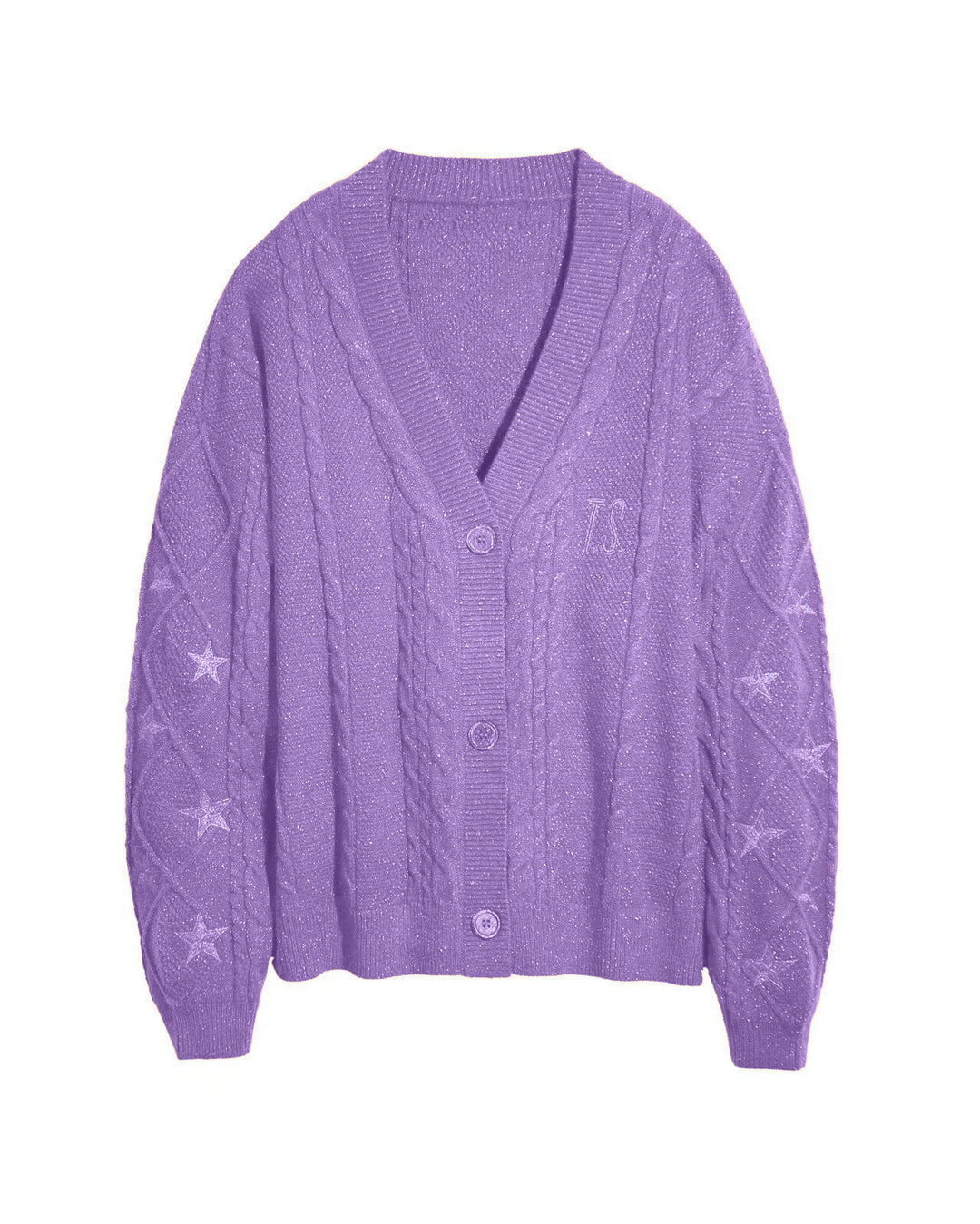 Damen nan großzügiger Grobstrick-Cardigan mit Zopfmuster, V-Ausschnitt und Sternstickereien EB