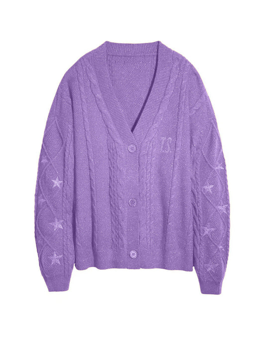 Damen nan großzügiger Grobstrick-Cardigan mit Zopfmuster, V-Ausschnitt und Sternstickereien EB