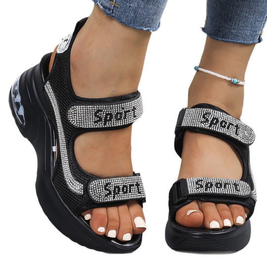 Damen Sportliche Plateausandalen mit Mesh-Obermaterial, Klettverschluss und Ziersteinen EB
