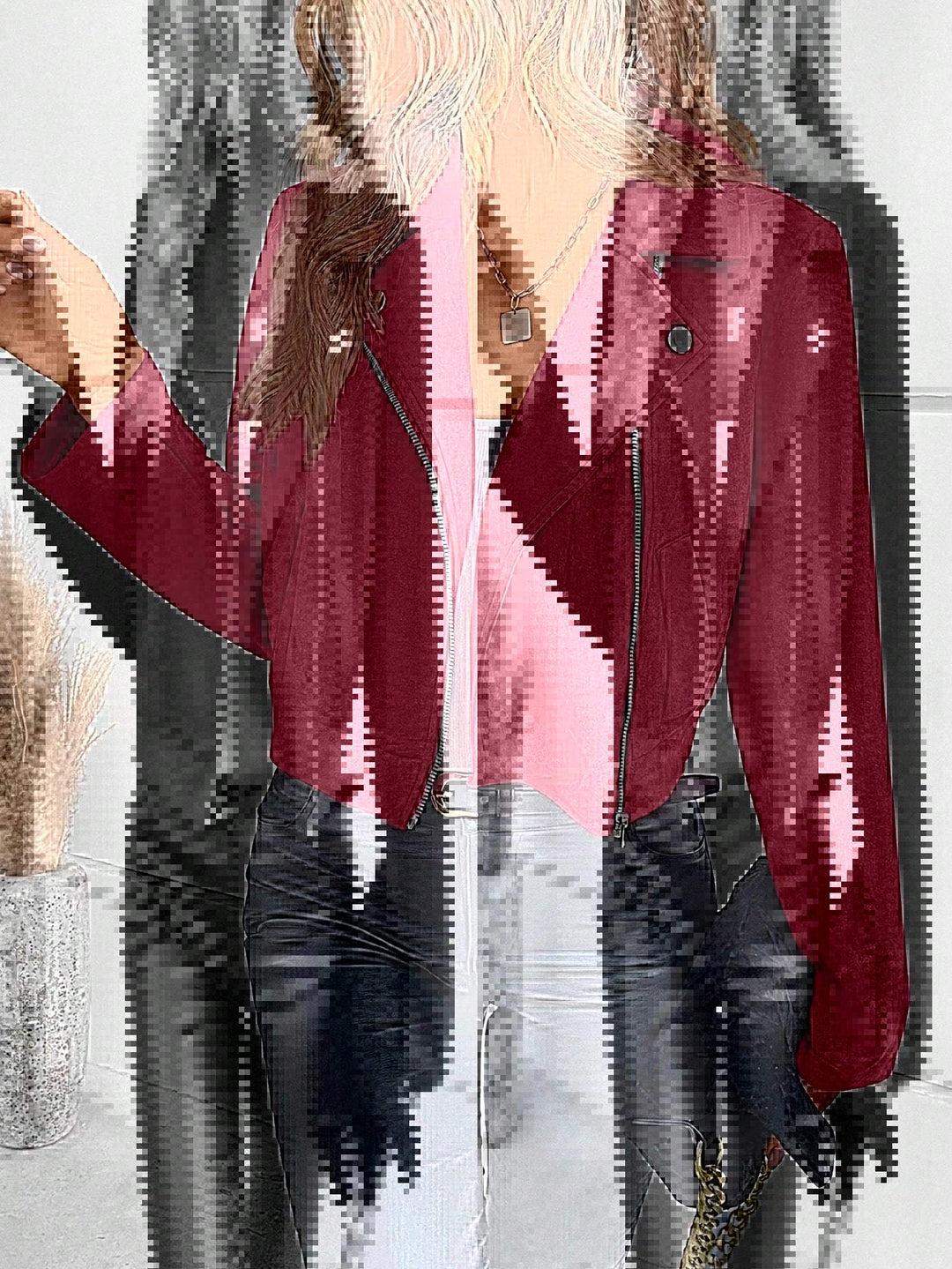 Damen Stylische Bikerjacke aus Kunstleder mit asymmetrischem Reißverschluss EB