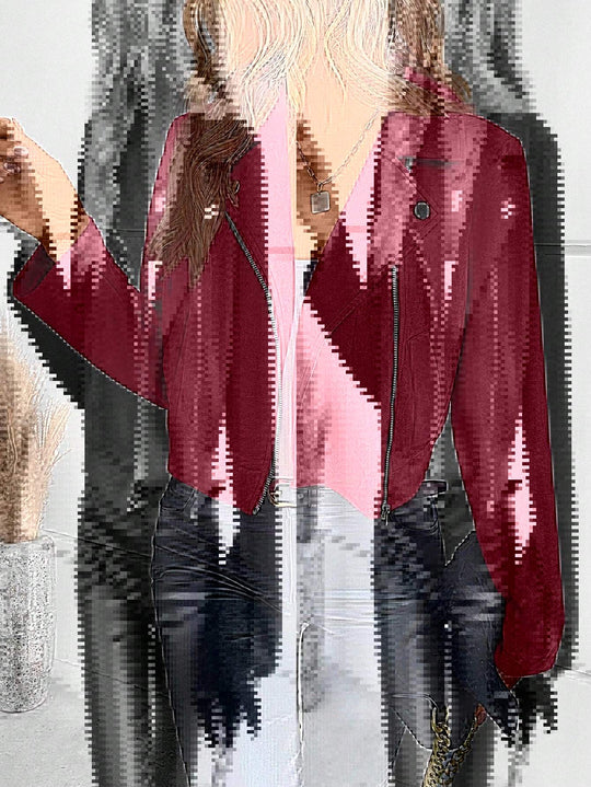 Damen Stylische Bikerjacke aus Kunstleder mit asymmetrischem Reißverschluss EB