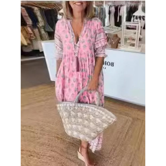 Damen Boho-Stil Kleid mit geflochtener Schnürung und handgefertigten Details EB