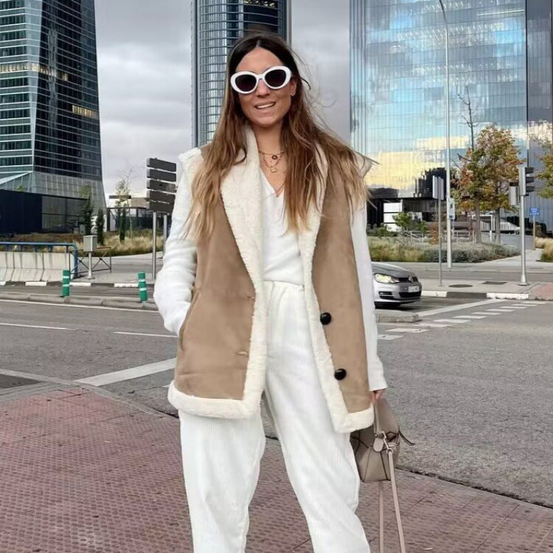 Damen warme Fleece-Weste mit klassischem Kragen und praktischen Taschen EB