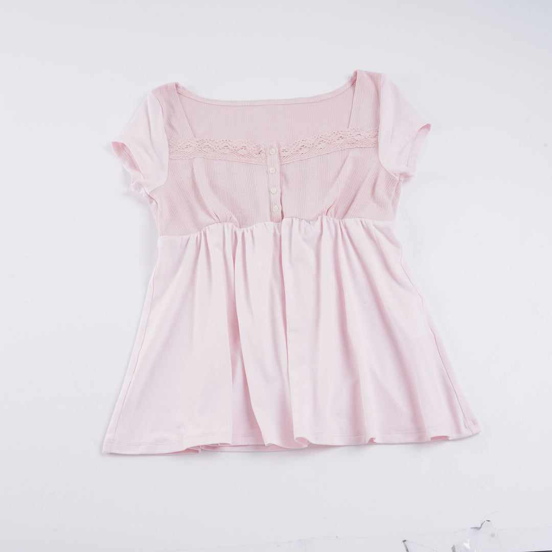 Damen lässiges T-Shirt mit Spitzenverzierung und Knopfdetails EB
