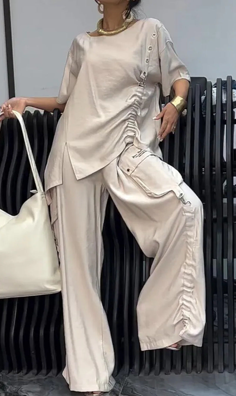 Damen nan lässiges zweiteiliges Ensemble mit geraffter Oversize-Bluse und Cargo-Palazzohose EB