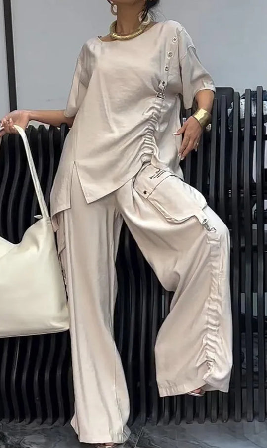 Damen nan lässiges zweiteiliges Ensemble mit geraffter Oversize-Bluse und Cargo-Palazzohose EB