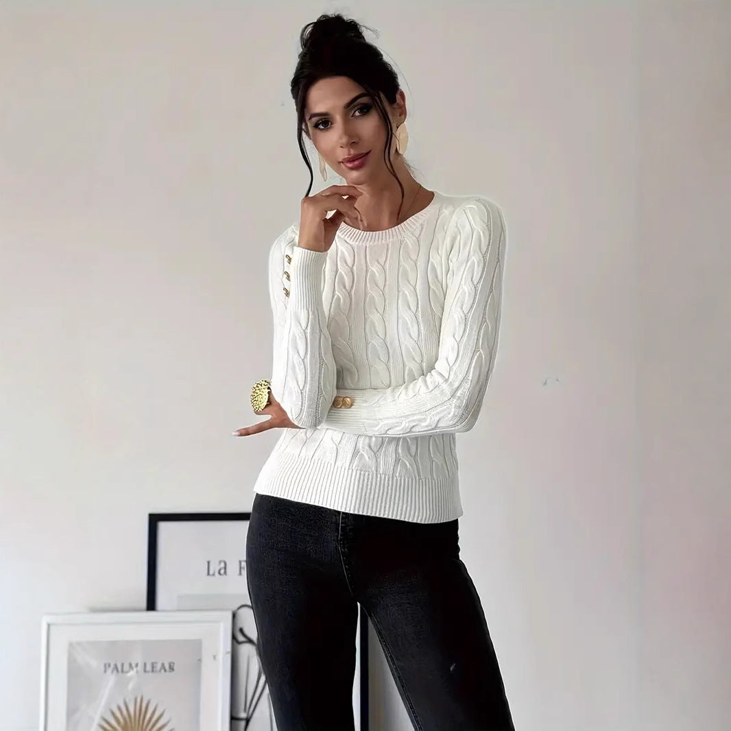 Damen Grobstrick Pullover mit dekorativen Knopfdetails EB