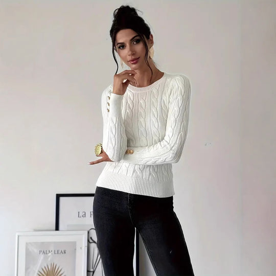 Damen Grobstrick Pullover mit dekorativen Knopfdetails EB