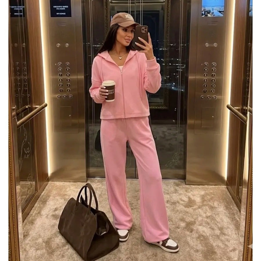 Damen Lässiges Zweiteiliges Sweatset mit Kapuzenjacke und weitem Bundfalten Jogginghose EB