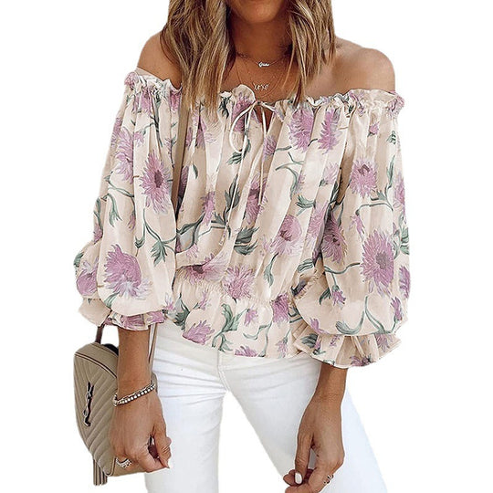 Damen Off-Shoulder Bluse mit floralen Mustern und Rüschendetails EB