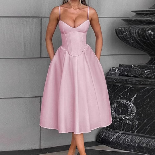 Damen Elegantes A-Linien Midi-Kleid mit Spaghettiträgern und weichem Stoff EB