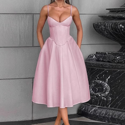 Damen Elegantes A-Linien Midi-Kleid mit Spaghettiträgern und weichem Stoff EB