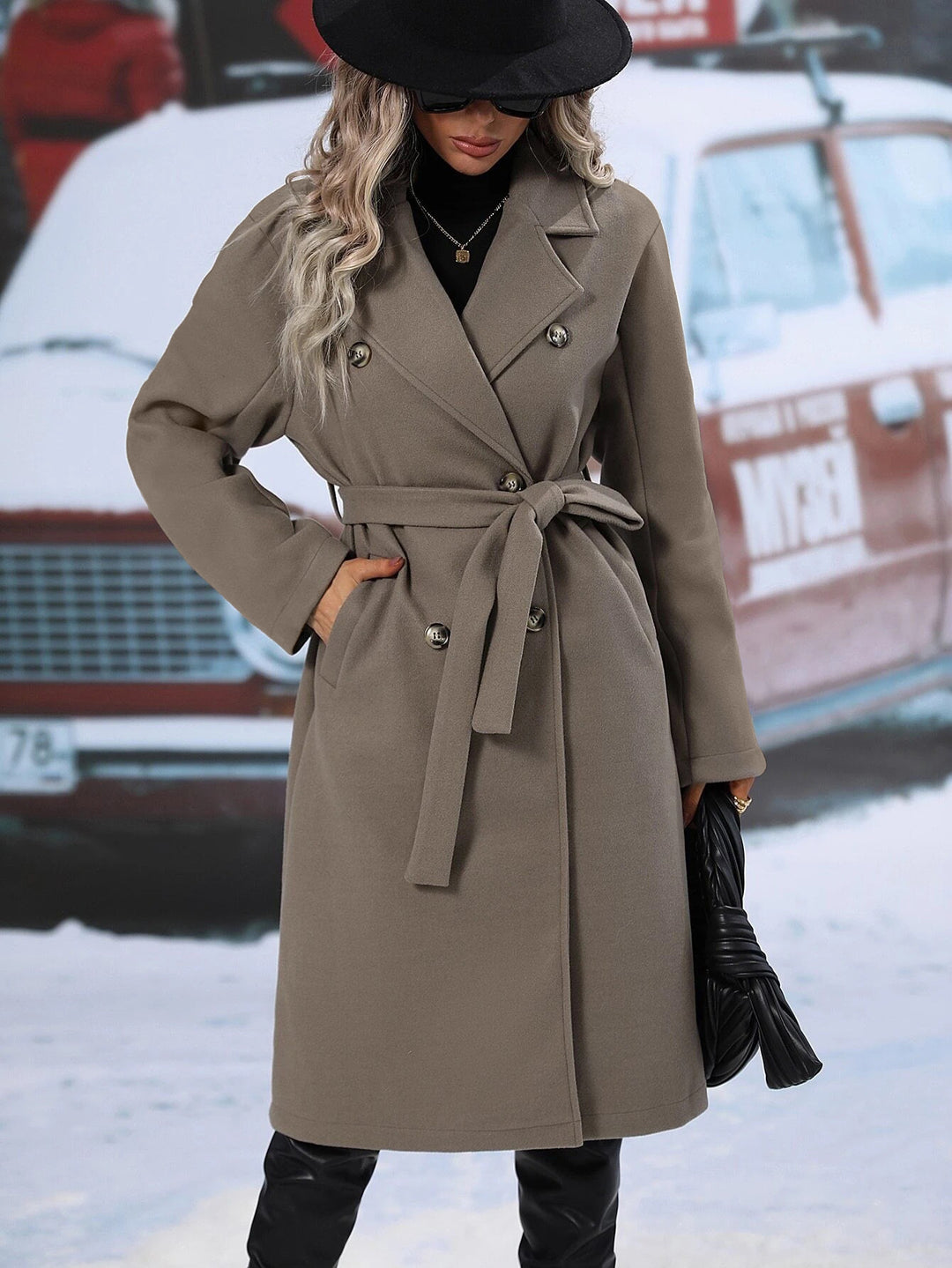 Damen Eleganter Trenchcoat mit Taillengürtel und doppelt gelegten Knöpfen EB