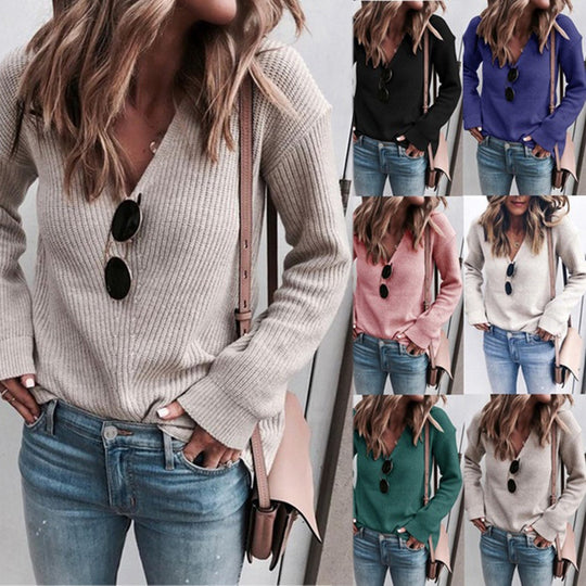 Damen V-Ausschnitt Strickpullover mit lässiger Passform und lockeren Ärmeln EB