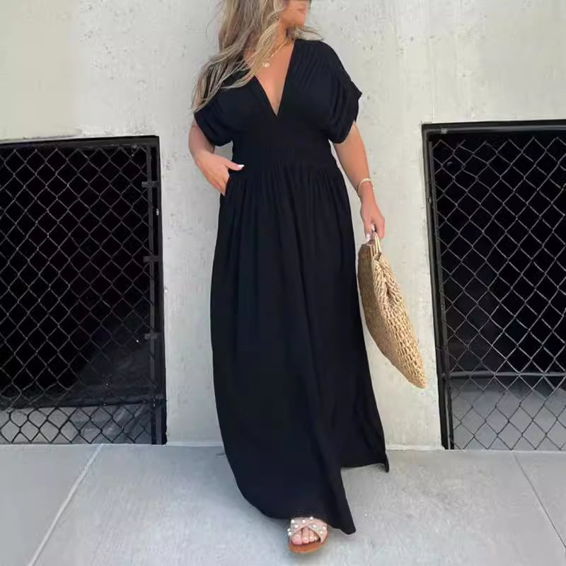 Damen Maxikleid mit tiefem V-Ausschnitt und praktischen Seitentaschen EB