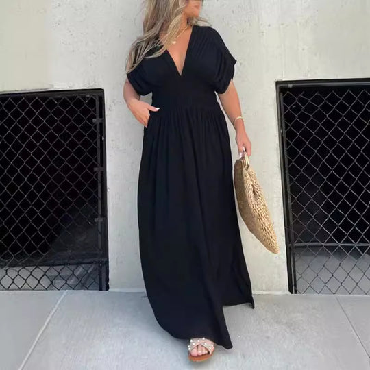 Damen Maxikleid mit tiefem V-Ausschnitt und praktischen Seitentaschen EB