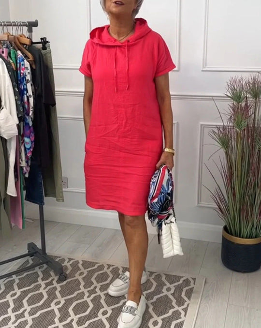 Damen nan legeres Kapuzenkleid mit kurzem Ärmel, geradem Schnitt und Kordelzug EB