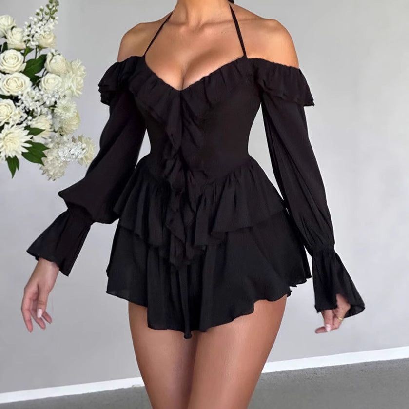 Damen Verspieltes Mini-Kleid mit Rüschen und schulterfreiem Design EB